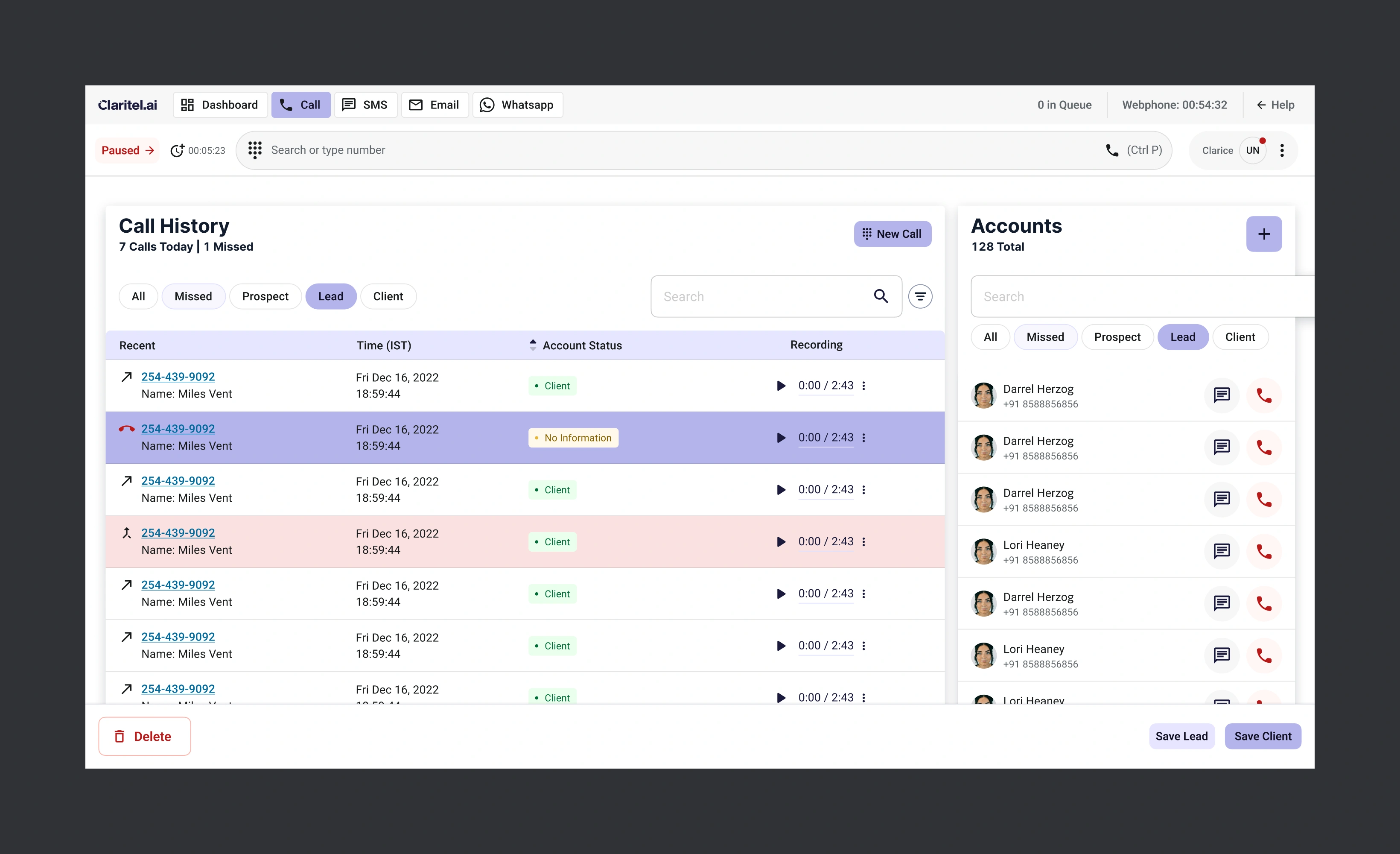 Claritel dashboard screens