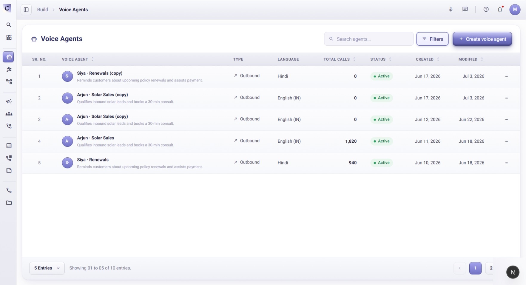 This is a screenshot of actual platform showcasing voice agent page